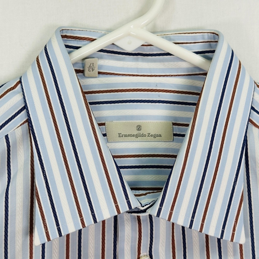 Ermenegildo Zegna Dress Shirt Mens 17 French Cuffs Blue Brown Stripe Long Sleeve - Picture 5 of 9